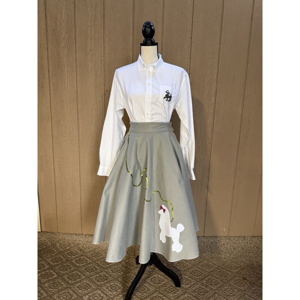 Vintage 1950s Style Grey Felt Poodle Skirt & White Button Down Shirt Set  XS.